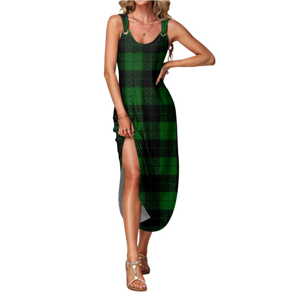 Women's Summer Long Dress, Sleeveless with Side Slits, Long Plaid Printed Vest Dress