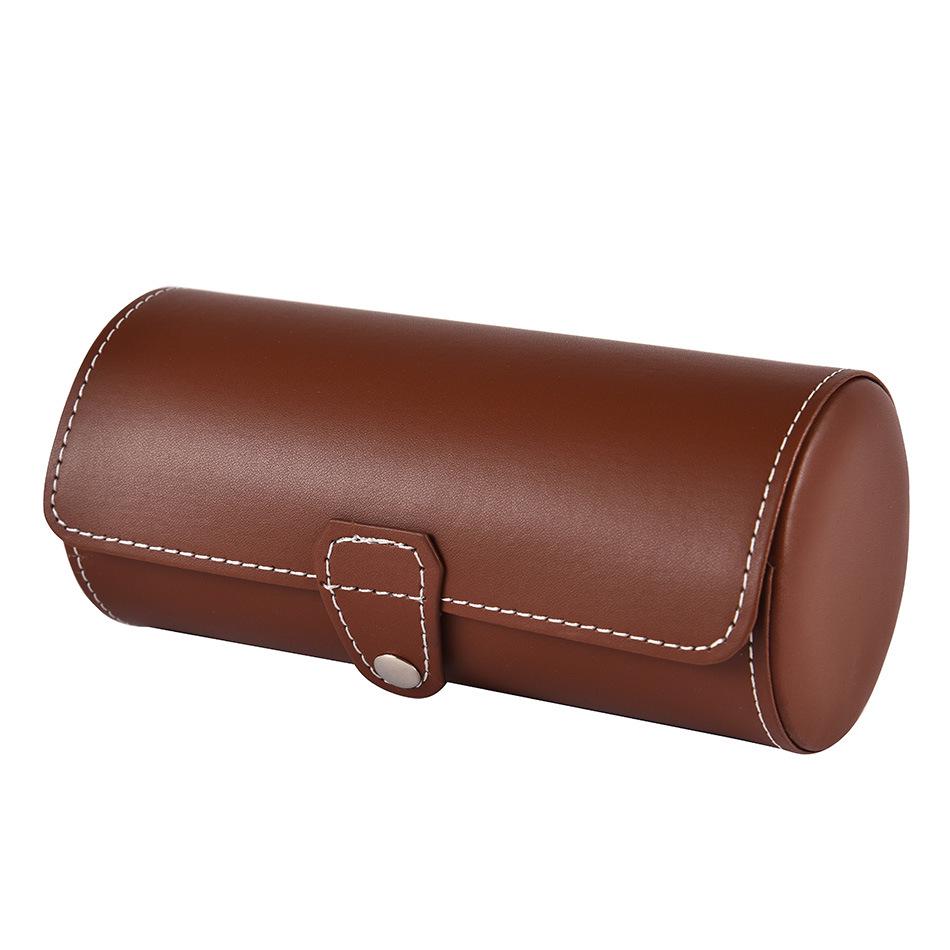 Cylindrical Wooden Leather Watch Box - 3 Slot Compact Storage & Display