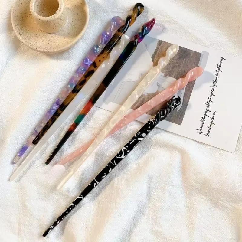 Chinese Style Floral Print Hair Sticks Vintage Acetate Resin Women Hairpins Clip Pin Headwear Wedding Jewelry Accessories