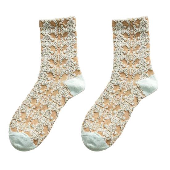 

Yousheng, 1 пара, женские осенне-зимние носки-трубочки, ретро дворцовый стиль, жаккардовый дизайн с тиснением, эластичные теплые праздничные носки средней длины C