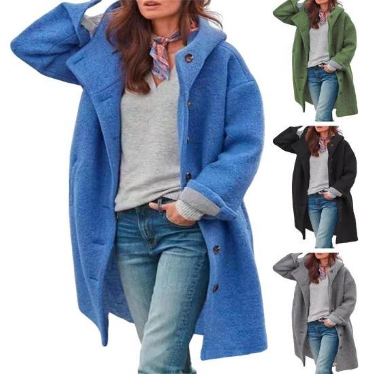 Women Winter Warm Windproof Overcoat Hooded Loose Mid Length Coat Thick Solid Color Windbreaker Long Sleeves Single-breasted Pockets Daily Wear Fall