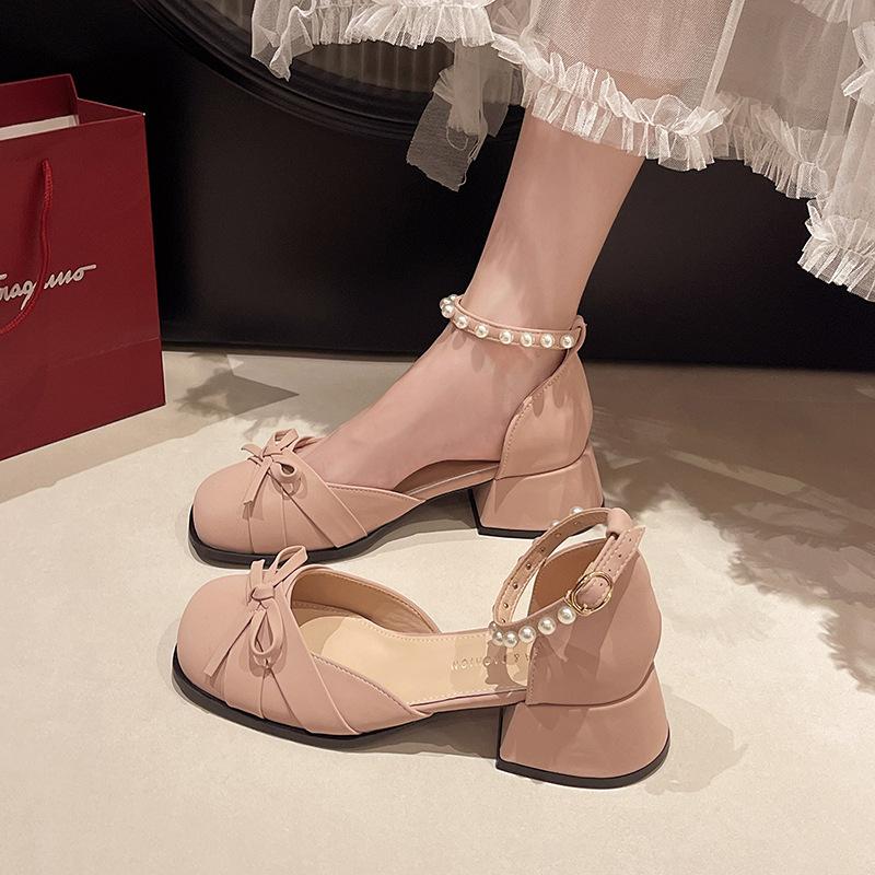 

Туфли Мэри Джейн на толстом каблуке с французским бантом женские 2025 лето новый сказочный стиль с юбкой высокие каблуки модные сандалии 40 розовый