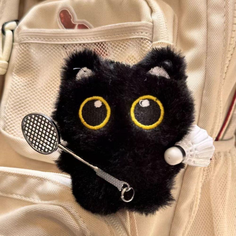 Angel Black Cat Plush Doll Keychain Badminton Car Key Ring Cute Doll Bag Pendant Gifts