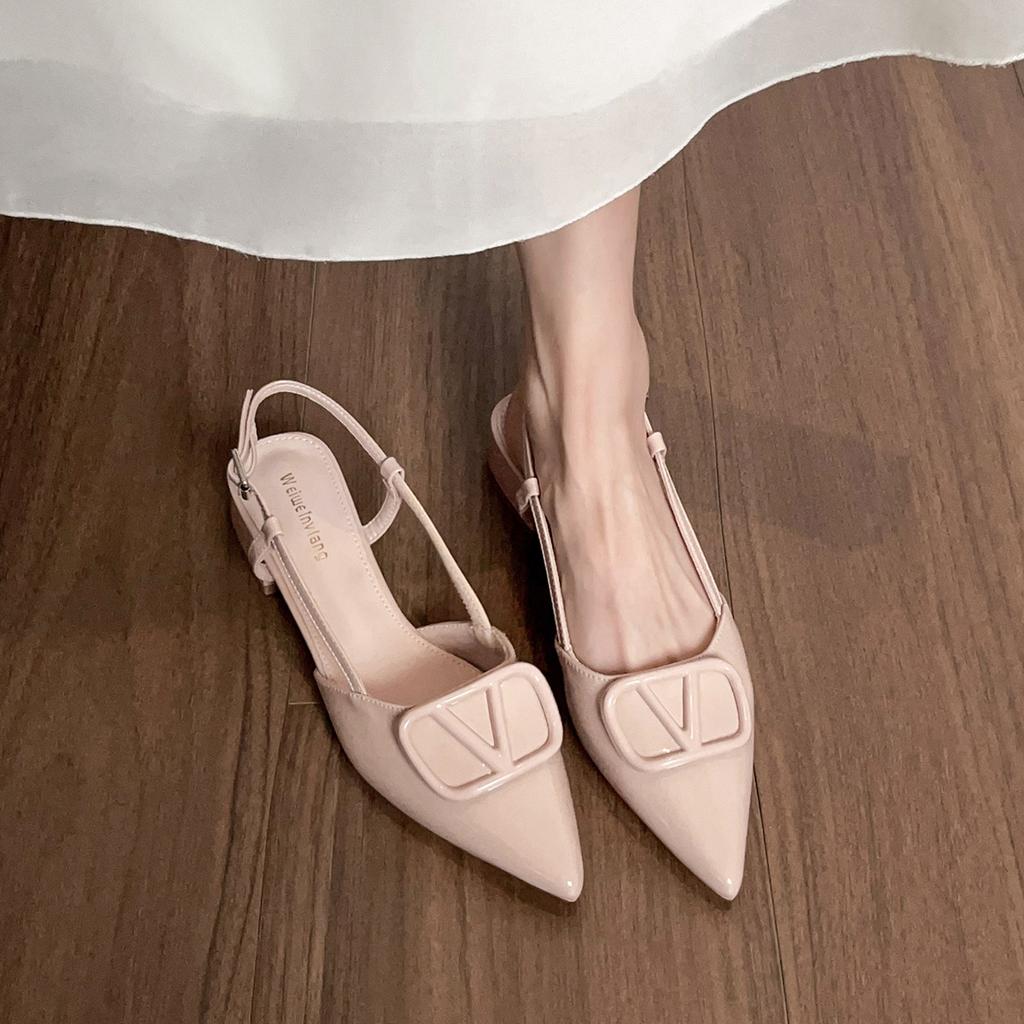 Button-toe Sandals Summer Thick-heeled French-style Pointed-toe Single Shoes