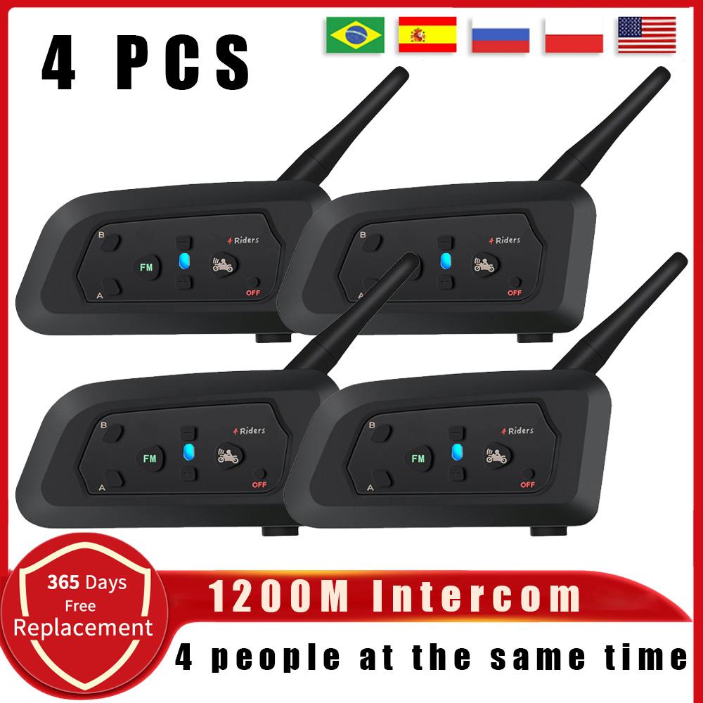 V4 PRO Motorcycle Helmet Bluetooth Intercom Headset 1200M 4 Riders Full Duplex Interphone With Fm Radio Waterproof Communicator
