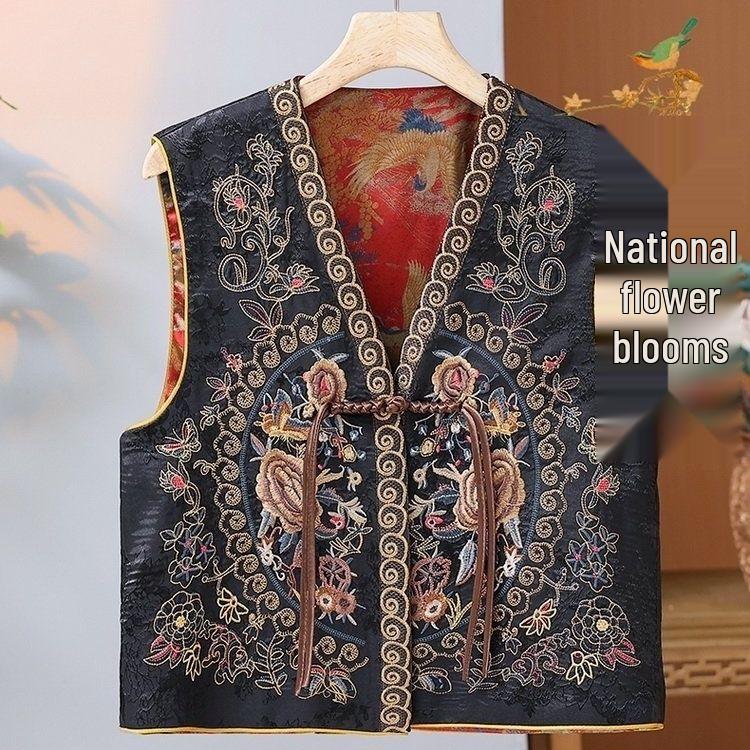 2024 Retro Etnisk Kinesisk Stil Brodert Reversibel V-hals Vest for Kvinner