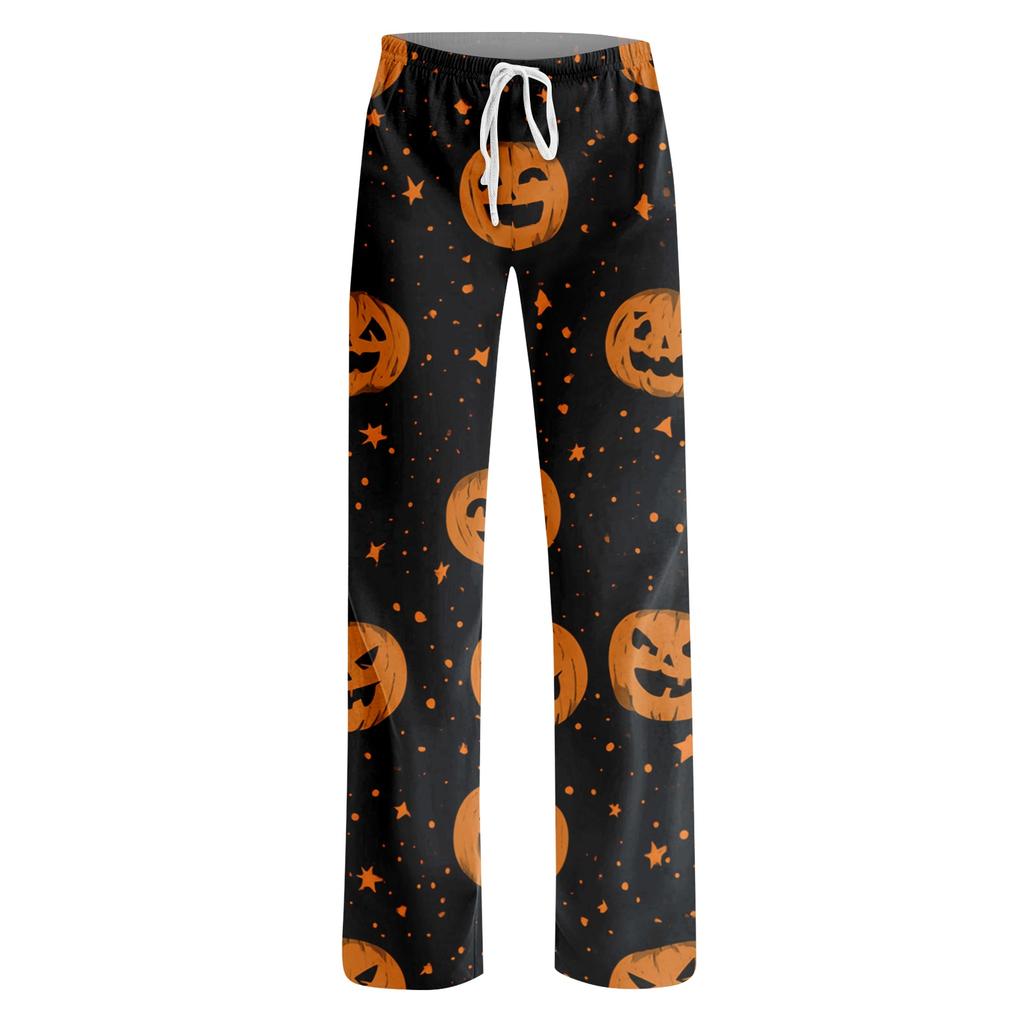 Women Loose Fit Casual Halloween Printed Pants Elastic Waist Relaxed Trousers with Pumpkin Pattern for Daily Wear
