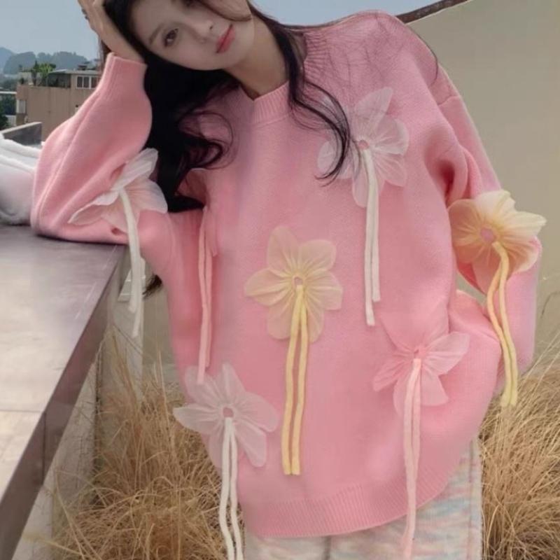 3D Flower Decoration Women's Sweater Solid Color Round Collar Long Sleeved Pullover Korean Version New Style Loose Sweet Female Top