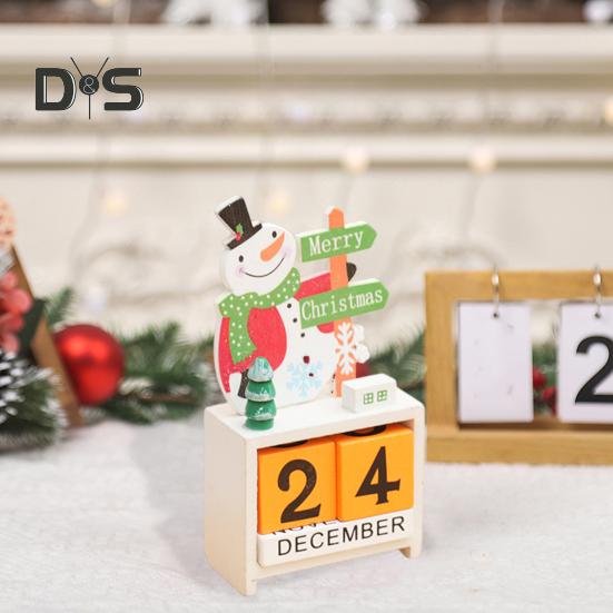 Christmas Wooden Desktop Calendar Santa Snowman Reindeer Tree Perpetual Calendar Wood Display Block Ornament for Home Office Decoration