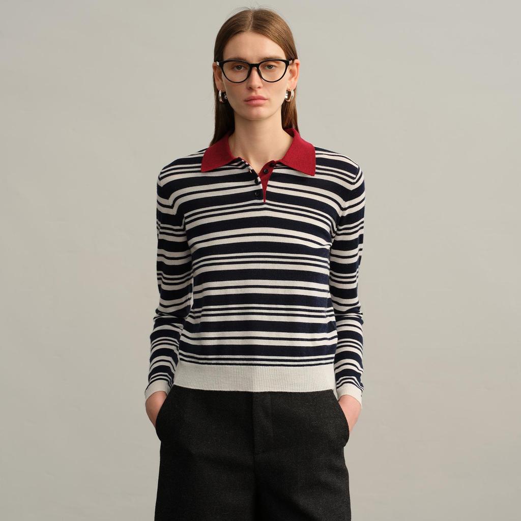Women's 100% Wool Yangzi Knit Polo Collar Striped Retro Long Sleeve Sweater