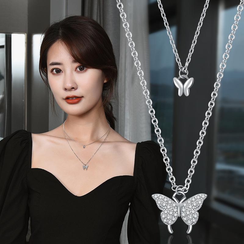Titanium Steel Double-Layer Butterfly Necklace Female Full Diamond Butterfly Collarbone Chain Temperament Simple Accessories