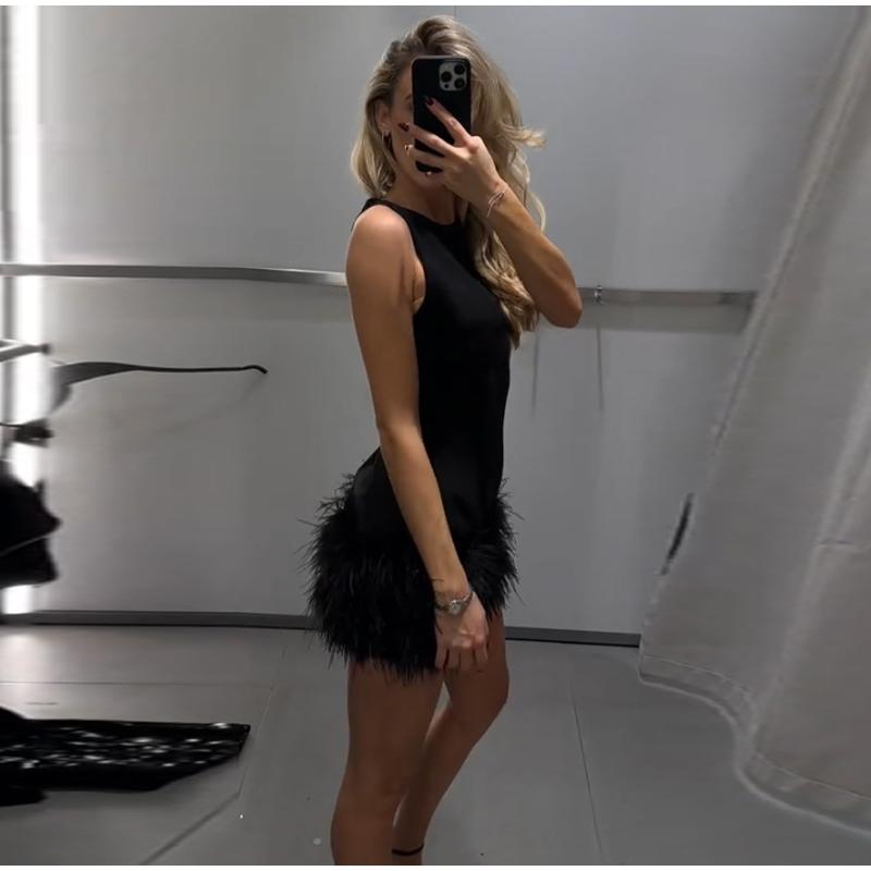 Elegantní Peří Patchwork Krátké Párty Šaty Dámské Slim O-výstřih Bez rukávů Vysoký Pas Dámské Šaty 2025 Dámské Sexy Večerní Šaty