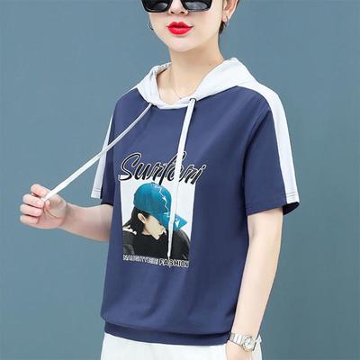 Cotton Hooded Short Sleeve Thin Sweatshirts Women Print Loose Top Hoodies T-shirts