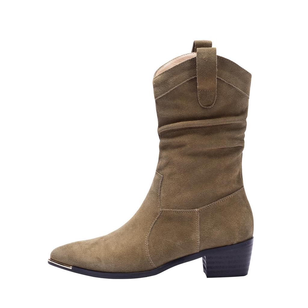 Damen Braune Wildleder Chelsea Stiefeletten - Mid-Calf Gerafftes Design, Spitze Zehenpartie, Blockabsatz für Herbst/Winter 2024