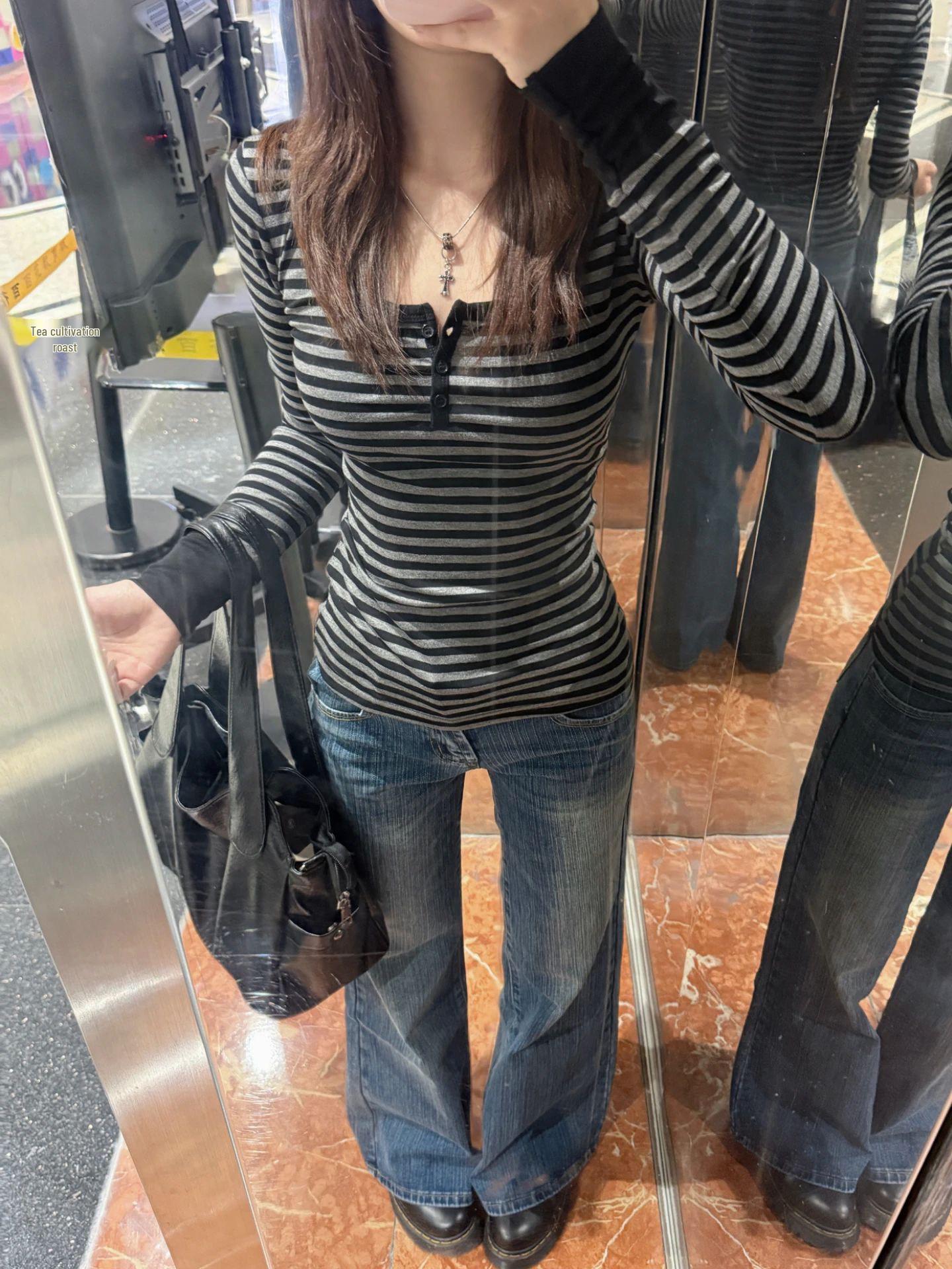 Women s Chic Color Block Striped U-Neck Button-Up Long Sleeve Top S