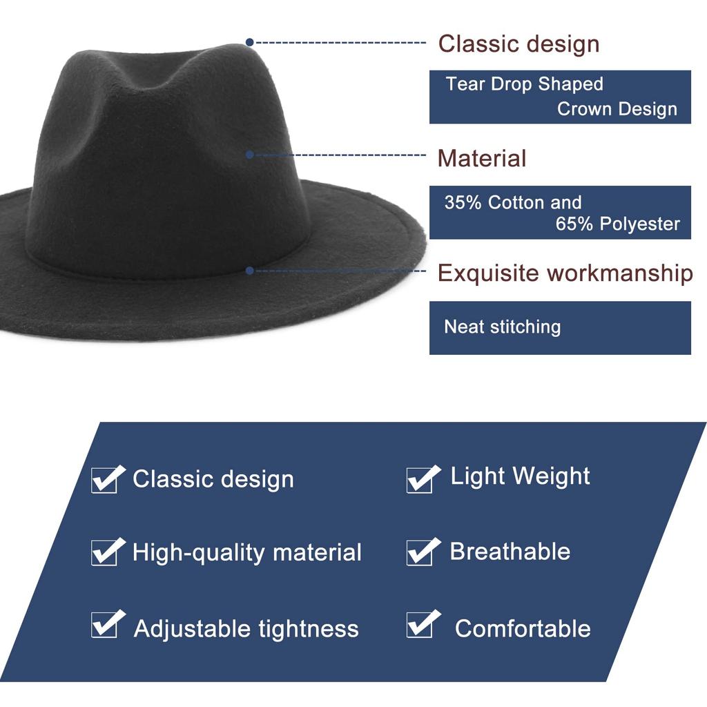 GEMVIE Felt Wide Soft Suitable for Outdoor and Travel Use Men's Hat, Brim, Hat, Casual, Black,