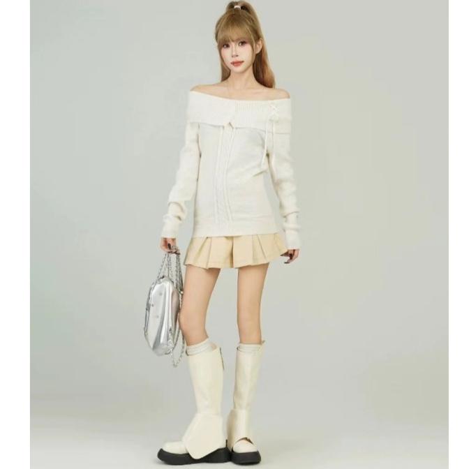 Vintage Elegant Streetwear Knitted Pullover Women Korean Fashion Sexy Bow Bandage Slant Neck Slim Fit Sweater Solid Color Chic