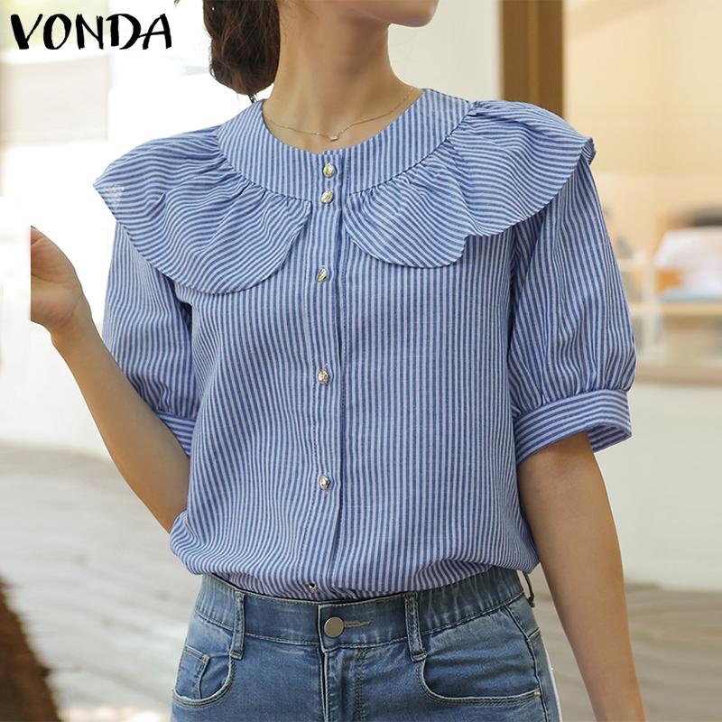 

VONDA женские повседневные рубашки в полоску с круглым вырезом и короткими рукавами-фонариками