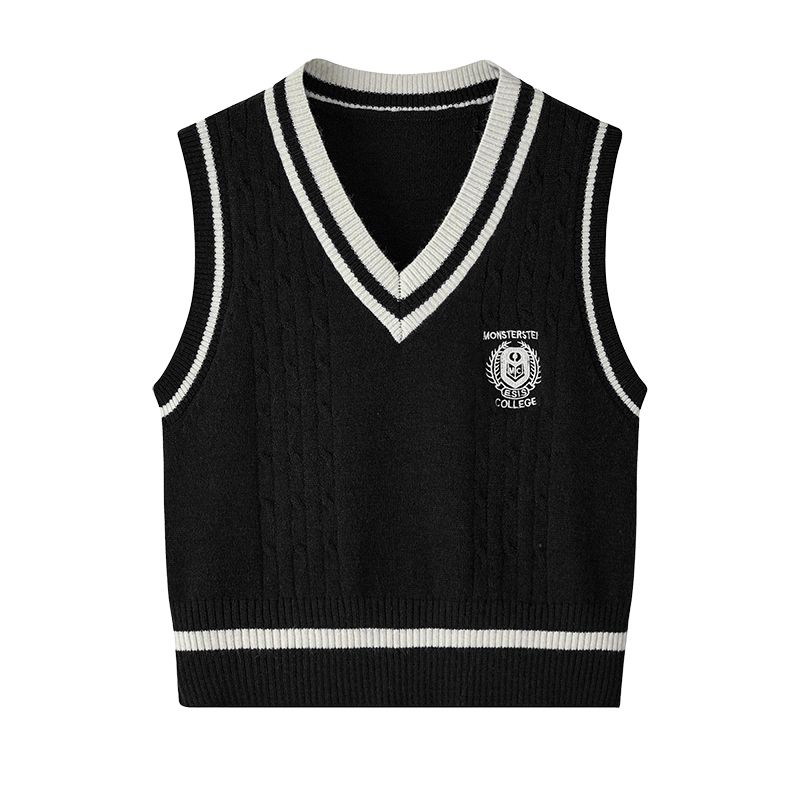 

Preppy Style Knitting Vest Autumn and Winter Embroidery V-neck Sleeveless Vest Inner Matching Shirt Contrast Color Waistcoat Pullover Sweater Black S