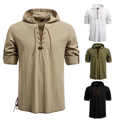 Men's Lace-Up Hooded Shirt Casual Retro Top for Men Spring Summer Adjustable Sleeve Multi-Color Male Blouse