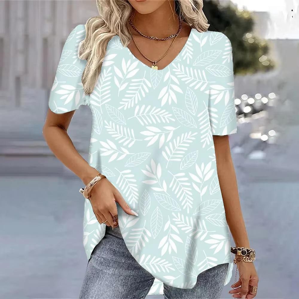 Casual Versatile Plant Pattern Short Sleeve V-Neck T-Shirts Women’s