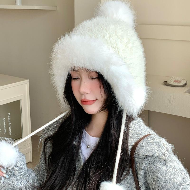 Korean Versatile Big Head Circumference Plus Velvet Thickened Warm Hat In Winter Cute Fur Ball Bag Head Hat Windproof Ear Protection Hat Women