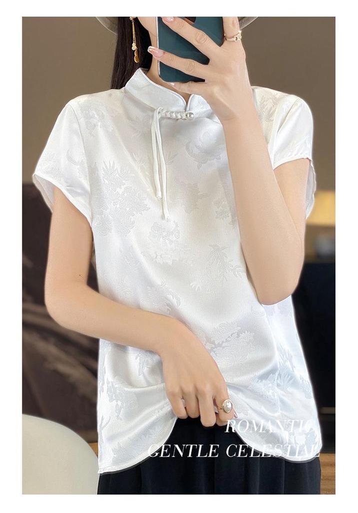 Women's 2025 Spring/Summer Chinese Faux Silk Jacquard Shirt - National Trend Tang Suit with Stand Collar and Diagonal Placket