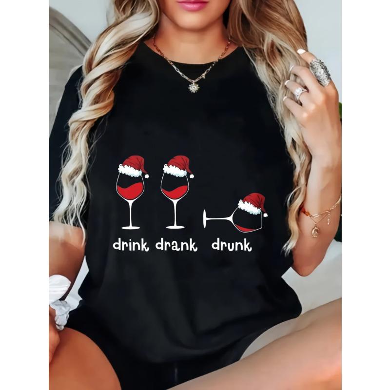 

Christmas Wine Glass T Shirt Black Drink Drank Drunk Santa Hat Design Women Casual Holiday Party Top S