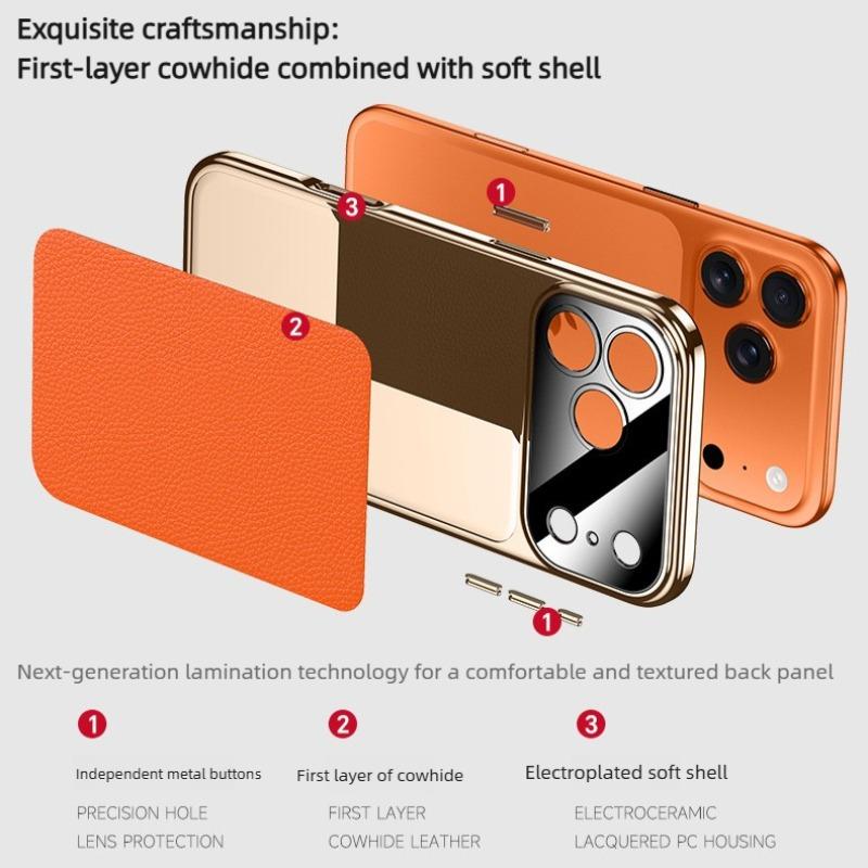 Luxury Gilt First Layer Cowhide Leather Case for iPhone 17 Pro Max Air 17Pro Fine Hole Lens Electroplating Soft Edge Back Cover