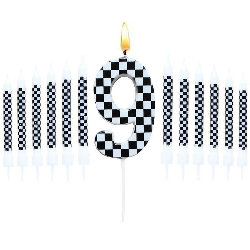 1/6/12/13 Pcs Racing Cars Themed Birthday Candles Black and White Race Number Checkered Candle Cake Topper for Racing Car Party