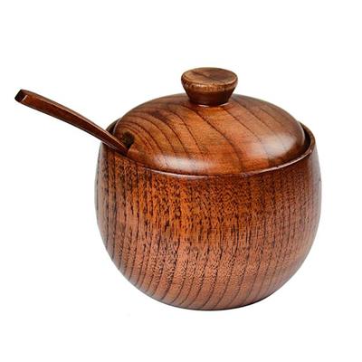 Wooden Salt Box Sturdy Wood Lid Light Portable Seasoning Jar with Spoon