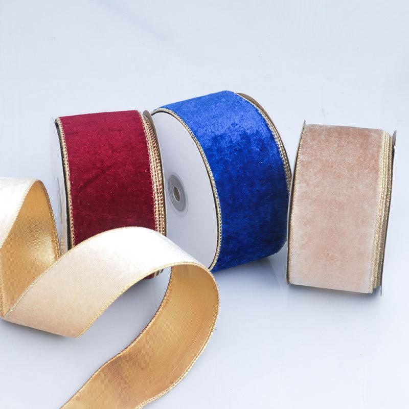 5cm 10 Yards Solid Color Christmas Tree Wrapping Decorative Ribbon Christmas Wire Gold Border Velvet Ribbon Decoration Tie