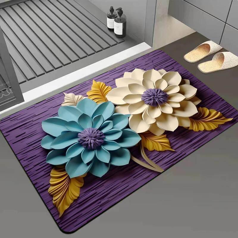 3D Floral Diatom Mud Non-Slip Bathroom & Shower Mat - Water Absorbing Entrance Mat 40*60cm Diatom Mud