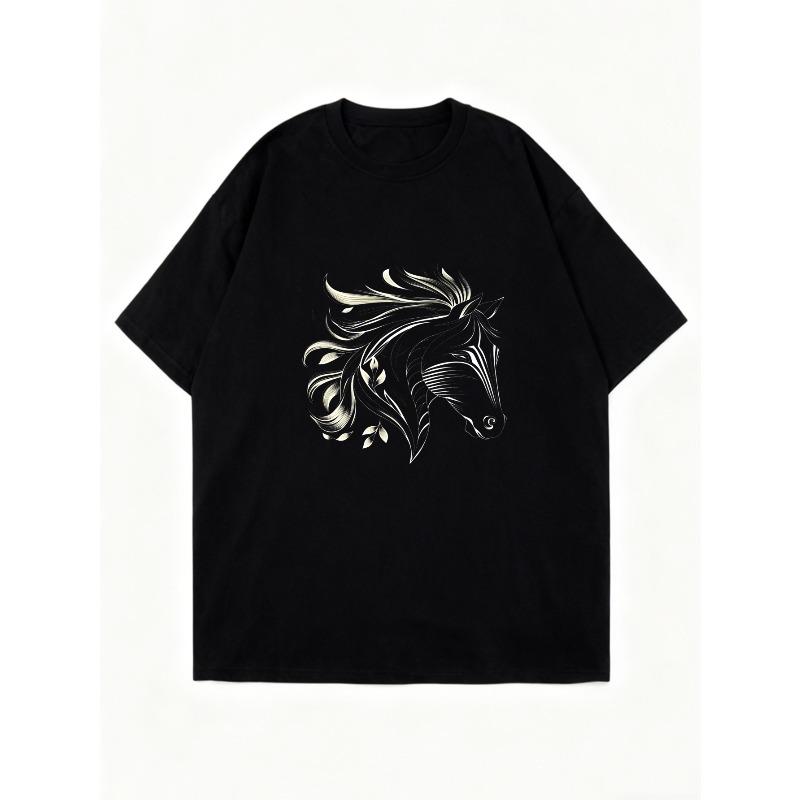 Oversized T Shirt Dress Black Horse Print For Casual Wear