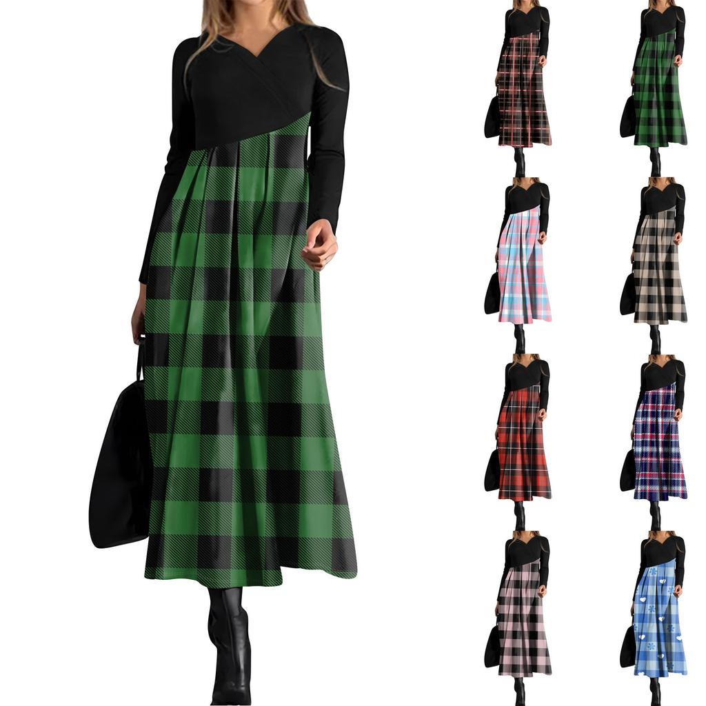 Dámské ležérní šaty s dlouhým rukávem s výstřihem do V, kostkovaným potiskem, stahovací kapsou v pase a velkými swingovými šaty