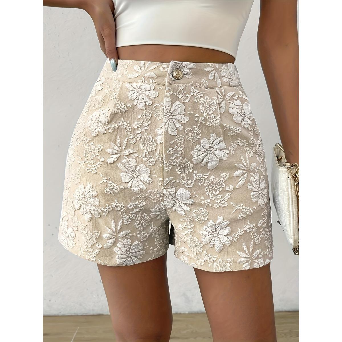 

Женские элегантные шорты с цветочным жаккардом и карманами - Высокая талия бежевый белый цветочный узор повседневные удобные шорты с высокой талией на весну, лето и осень XL