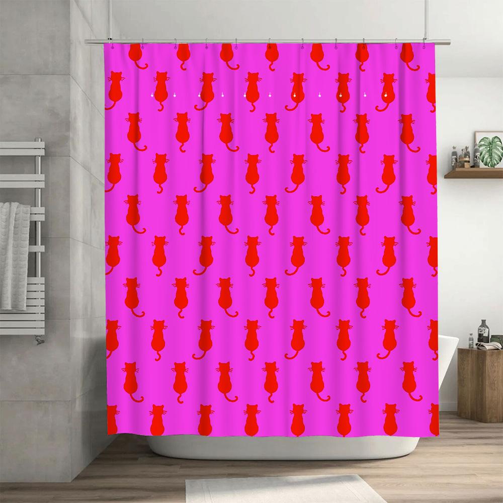 Vintage Style Black Cats Shower Curtain With Pink Background Classic 50S Retro Design For Bathroom Decorations