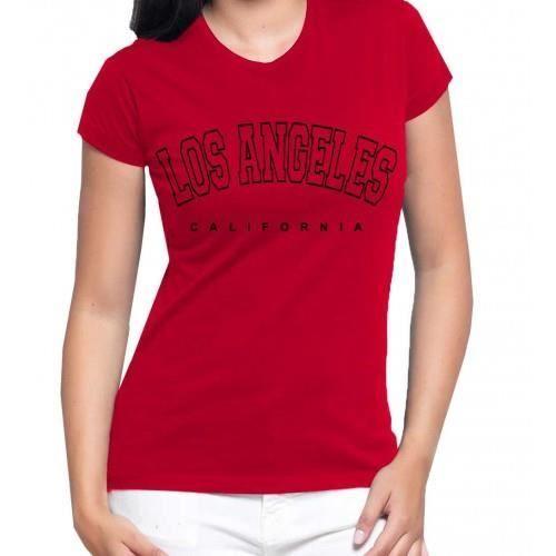 Tee shirt femme - Los Angeles - Rouge - Manches courtes - Ajustée - 100% Coton prérétréci