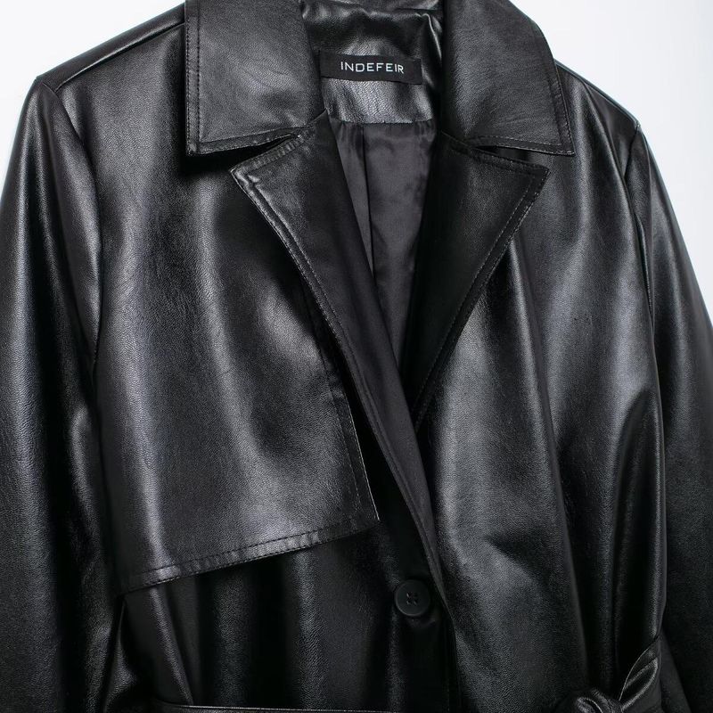 Kaslead New Arrival Women's Clothing Fashion Style Fashion Simple Lapel Loose with Belt Imitation Leather Trench Coat Outwear