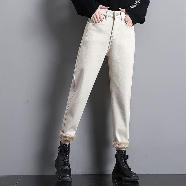 Women's Fleece-Lined Jeans High-Waist Slim Plus Velvet Harem Jeans Autumn and Winter Stretch Skinny Jeans