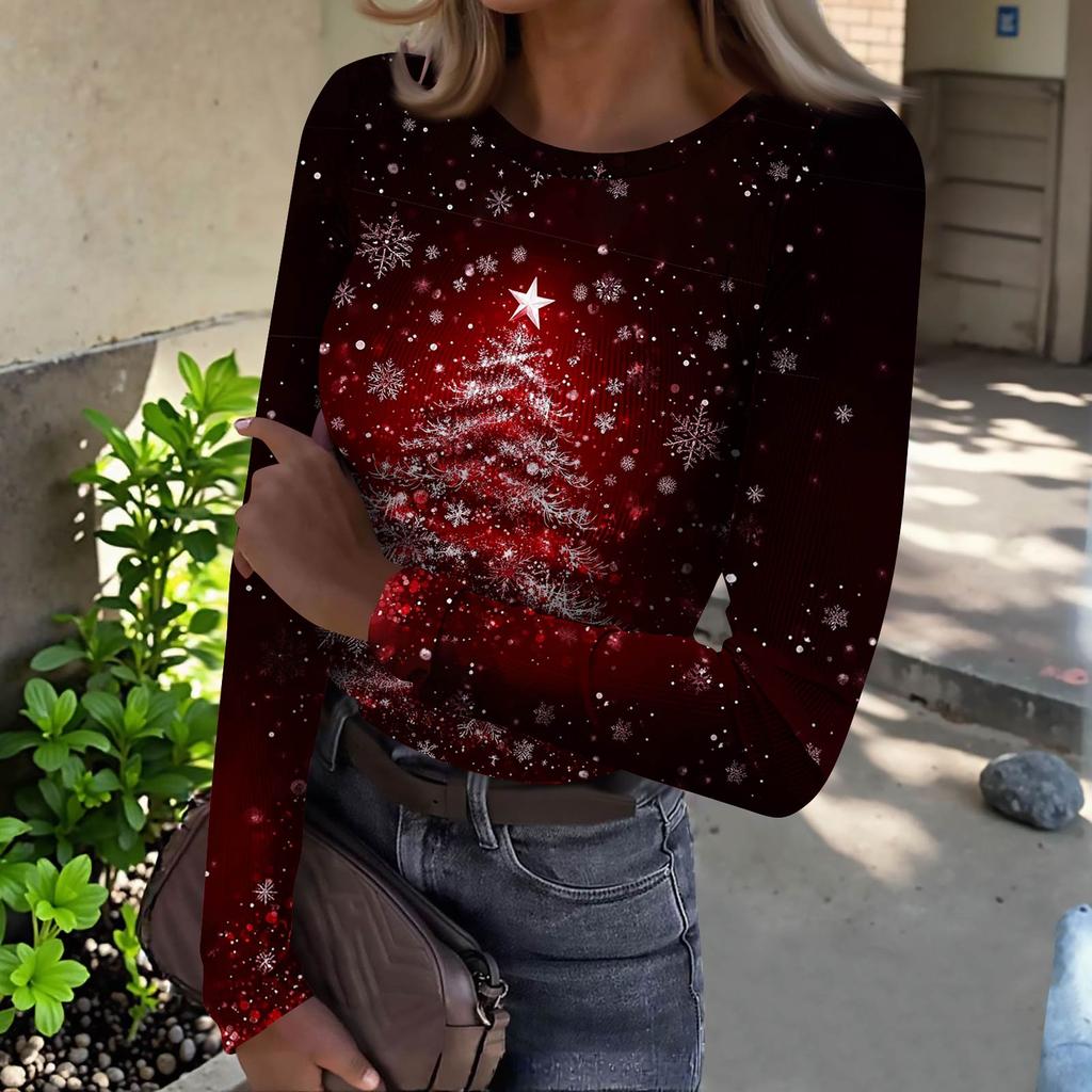 Women's  Slim Bottom T-shirt Fashion Casual Gradient Printing Round Neck Pullover Long Sleeve Top