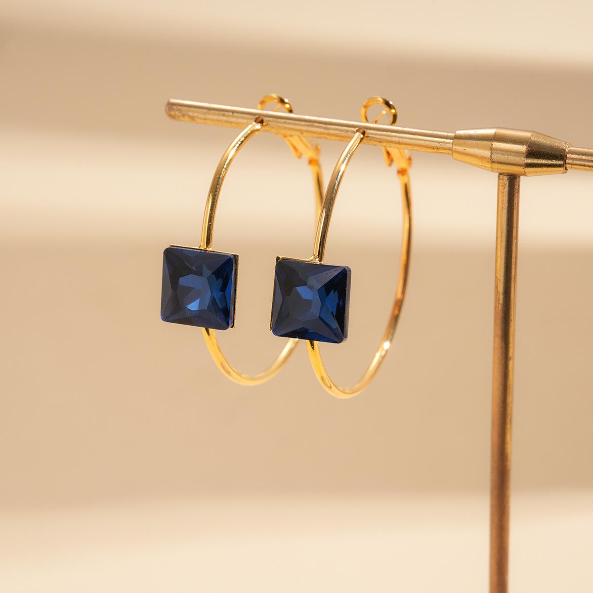 

24k real gold electroplated diamond-set round ring square silver needle earrings European and American light luxury earrings niche earrings