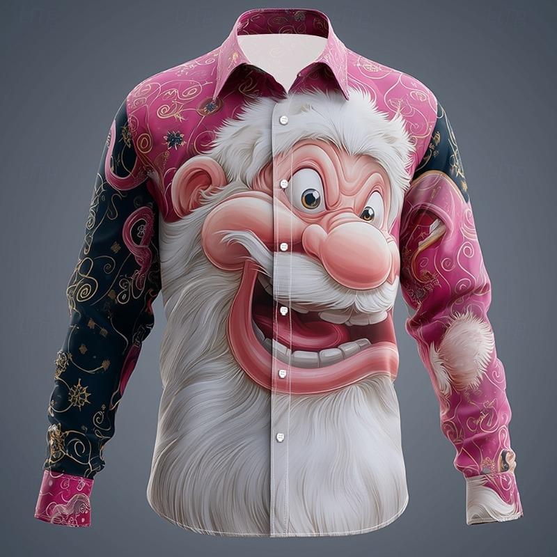 Christmas Men's 3D Santa Claus Printed Long Sleeve Shirt Polyester Lapel Formal Casual Shirt Autumn and Winter All-match Tops