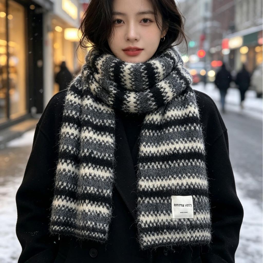 Red Christmas scarf with Korean autumn and winter atmosphere knitted scarf women's soft waxy striped warm scarf men