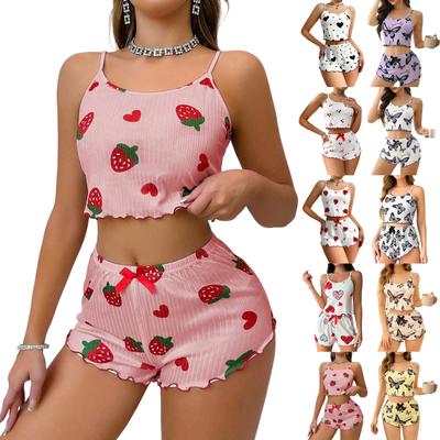 Weiches 2-teiliges Pyjama-Set für Damen, ärmellose Shorts, Loungewear-Sets, Pyjamas, Nachtwäsche