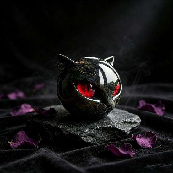 Mysterious Obsidian Style Ornament Spherical Black Cat Head Ornament, Resin Gothic Sculpture with Colorful Lover Gift Eyes for Halloween