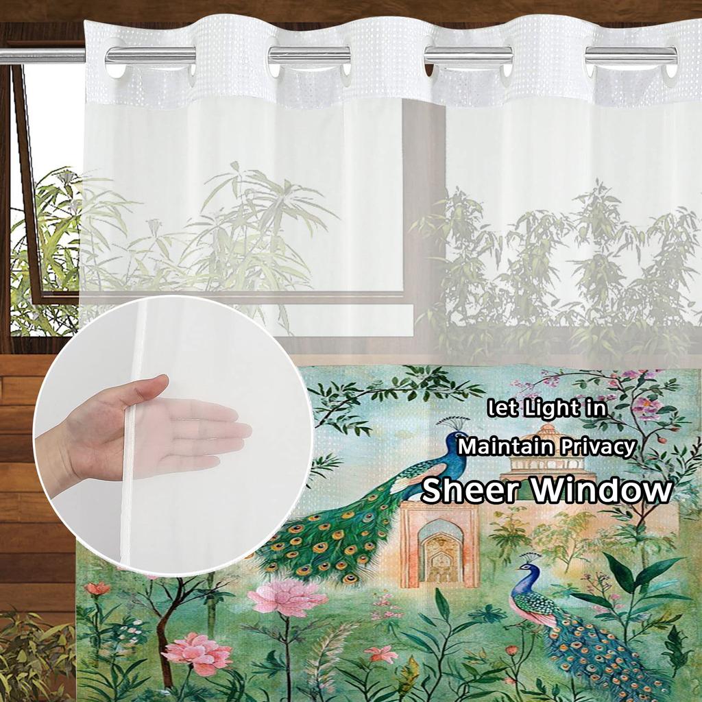 Duschvorhang mit No-Hook-Pfau-Muster, mit einknöpfbarem Stofffutter, transparentem Oberfenster, wasserdichter Doppelschicht-Badewannenvorhang