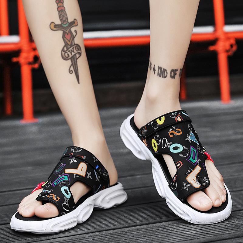 Summer new slippers men's wear trend sports driving sandals beach fashion graffiti platform sandals
