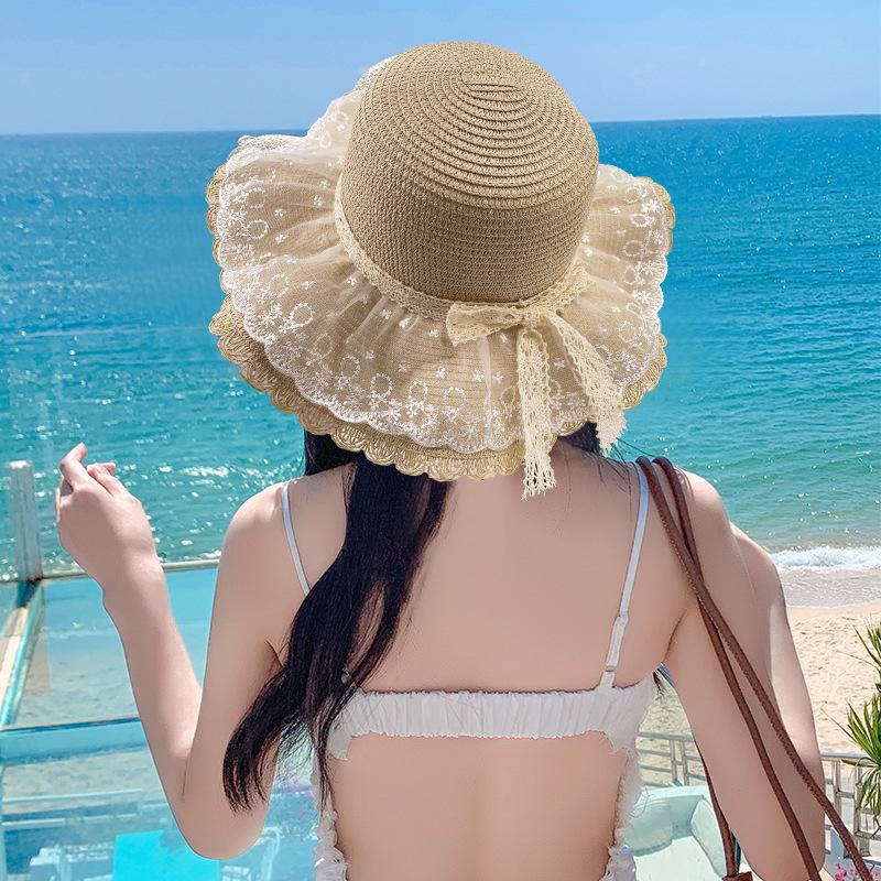 Summer Outdoor Vacation Sunshade Sunscreen Versatile Lace Straw Hat Woman
