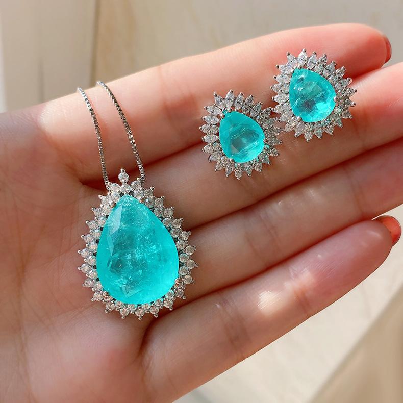 Cross Border Paraiba Water Drop S925 Silver Needle Earrings Emerald Green Micro Inlaid Imitation Temperament Light